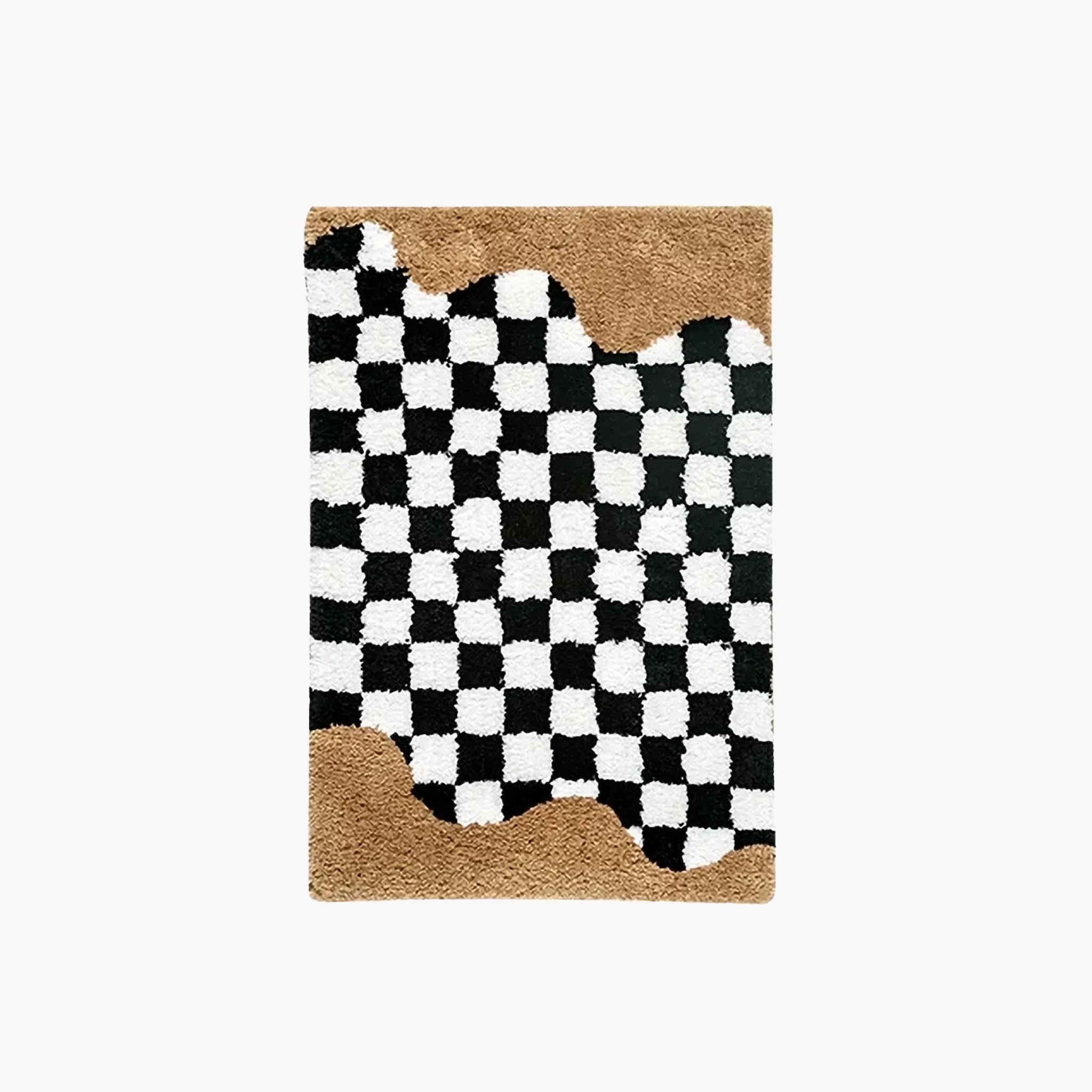 Tess Black White Retro Checkered Bronze Wavy Edge Tufted Rug by Housenfriends on a white background.