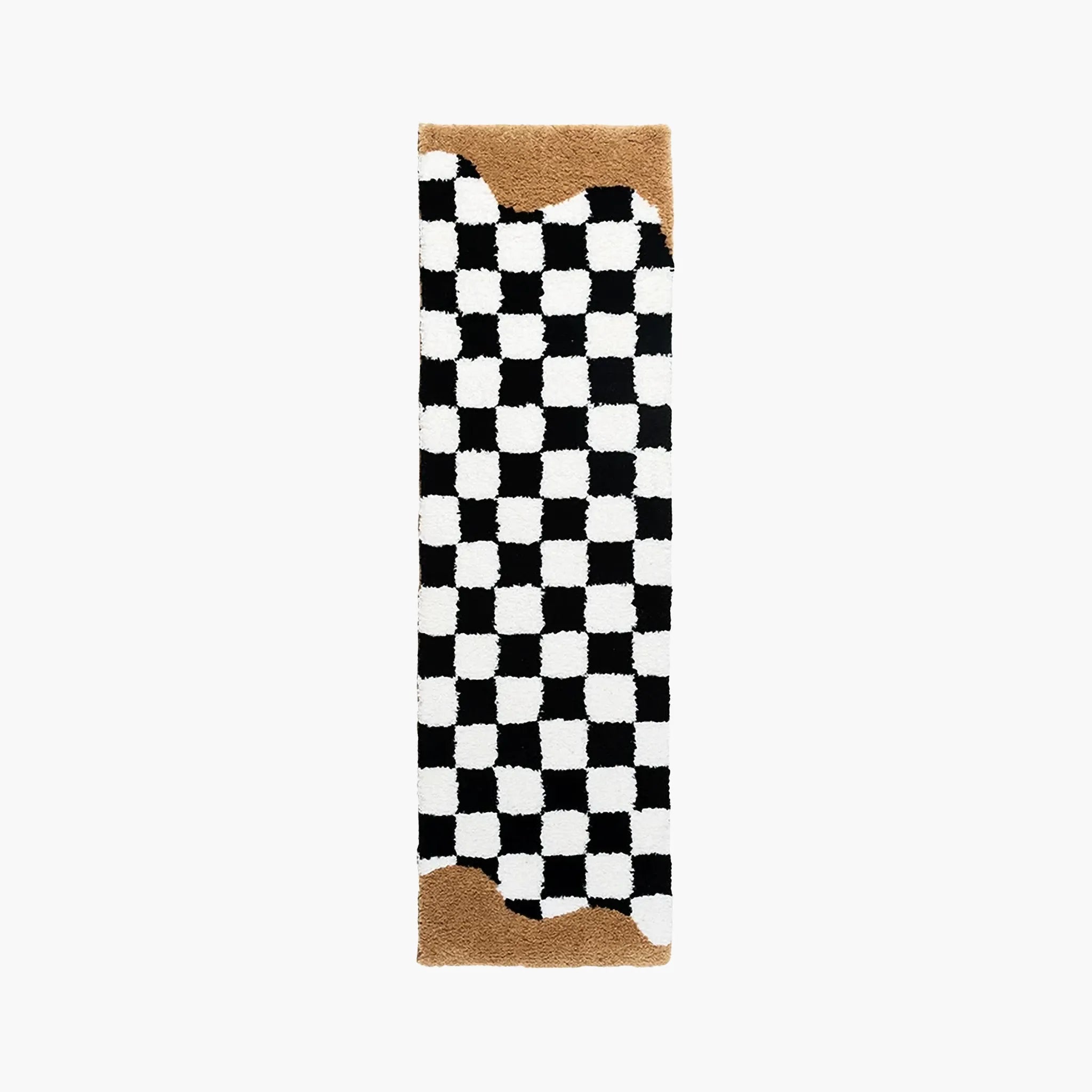Tess Black White Retro Checkered Bronze Wavy Edge Tufted Runner Rug by Housenfriends on a white background.