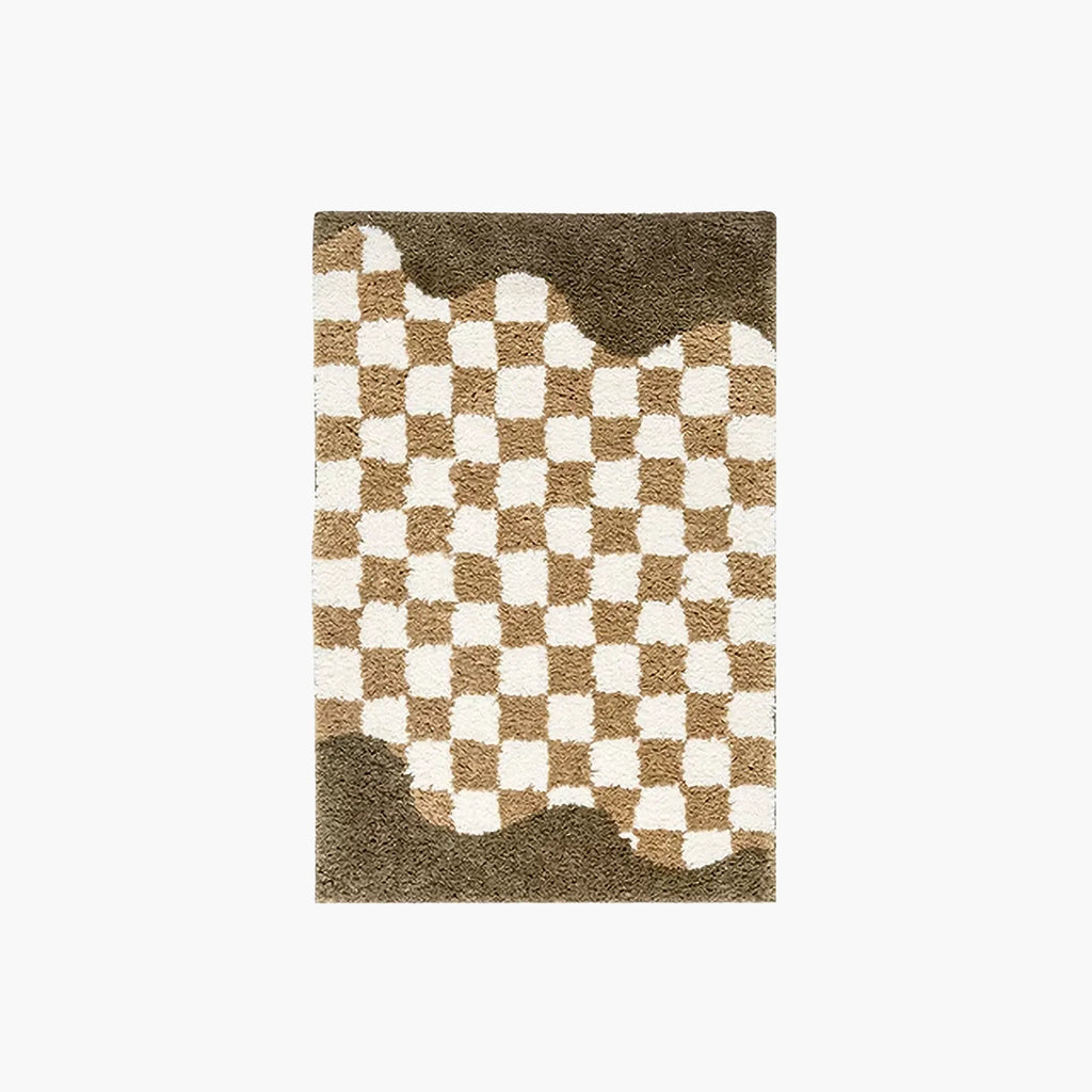 Tess Cream Bronze Retro Checkered Brown Wavy Edge Tufted Rug on a plain white background.