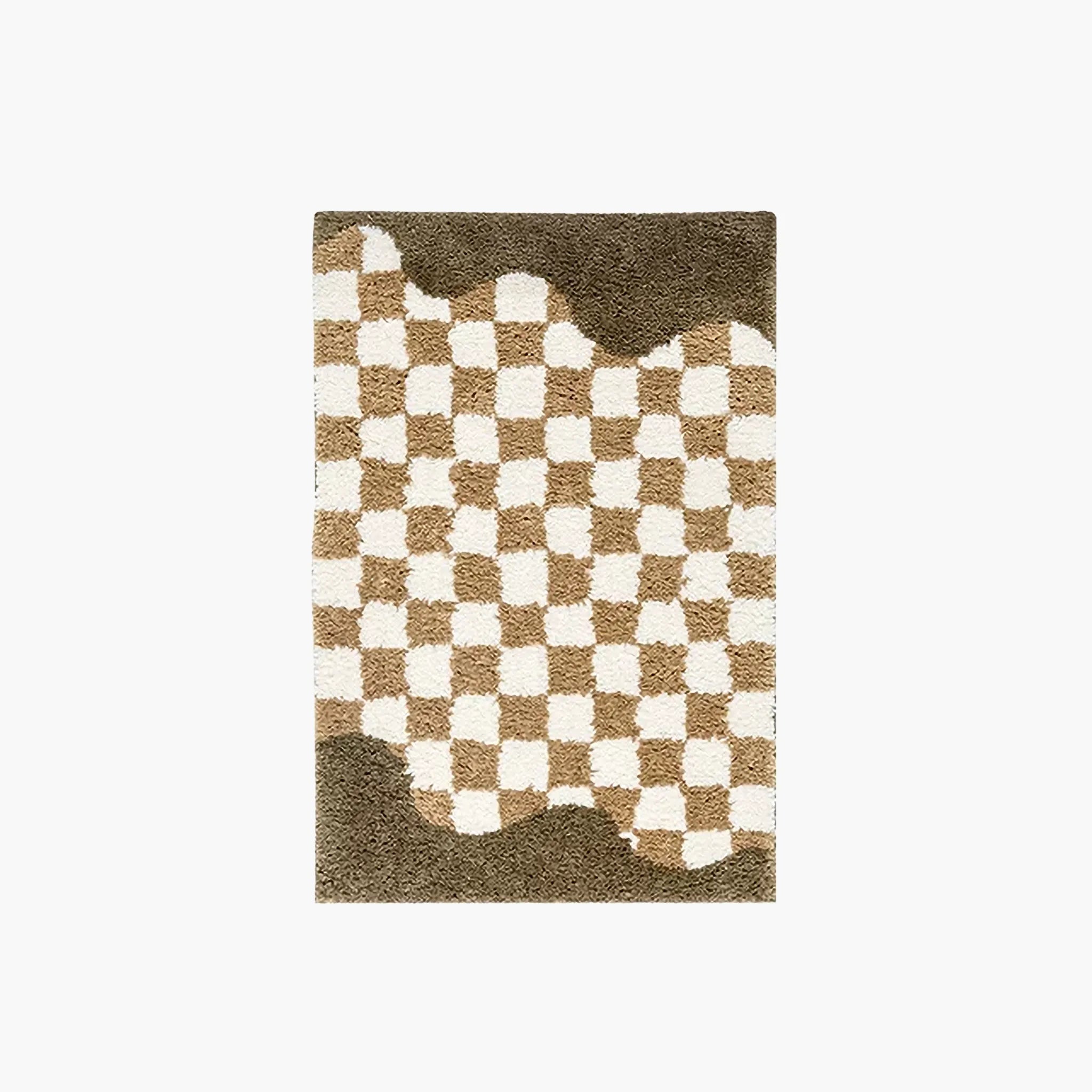 Tess Cream Bronze Retro Checkered Brown Wavy Edge Tufted Rug on a plain white background.