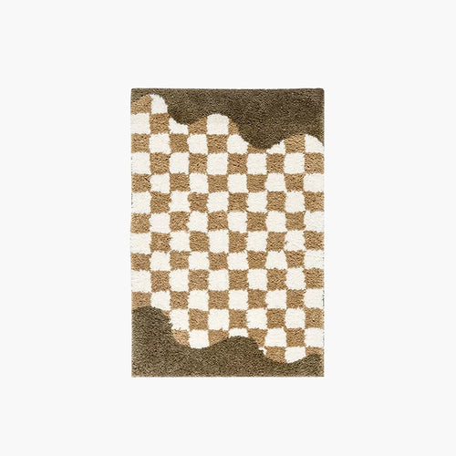 Tess Cream Bronze Retro Checkered Brown Wavy Edge Tufted Rug on a plain white background.