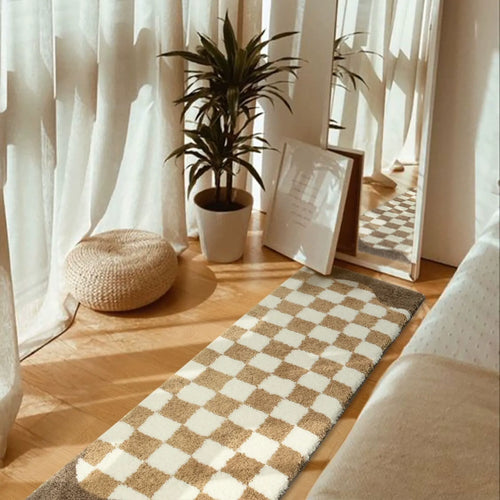Tess Cream Bronze Retro Checkered Brown Wavy Edge Tufted Rug