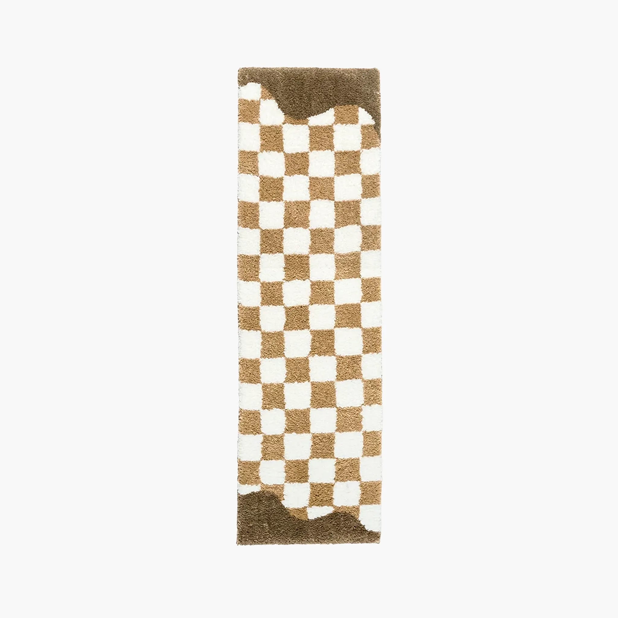 Tess Cream Bronze Retro Checkered Brown Wavy Edge Tufted Runner Rug on a plain white background.