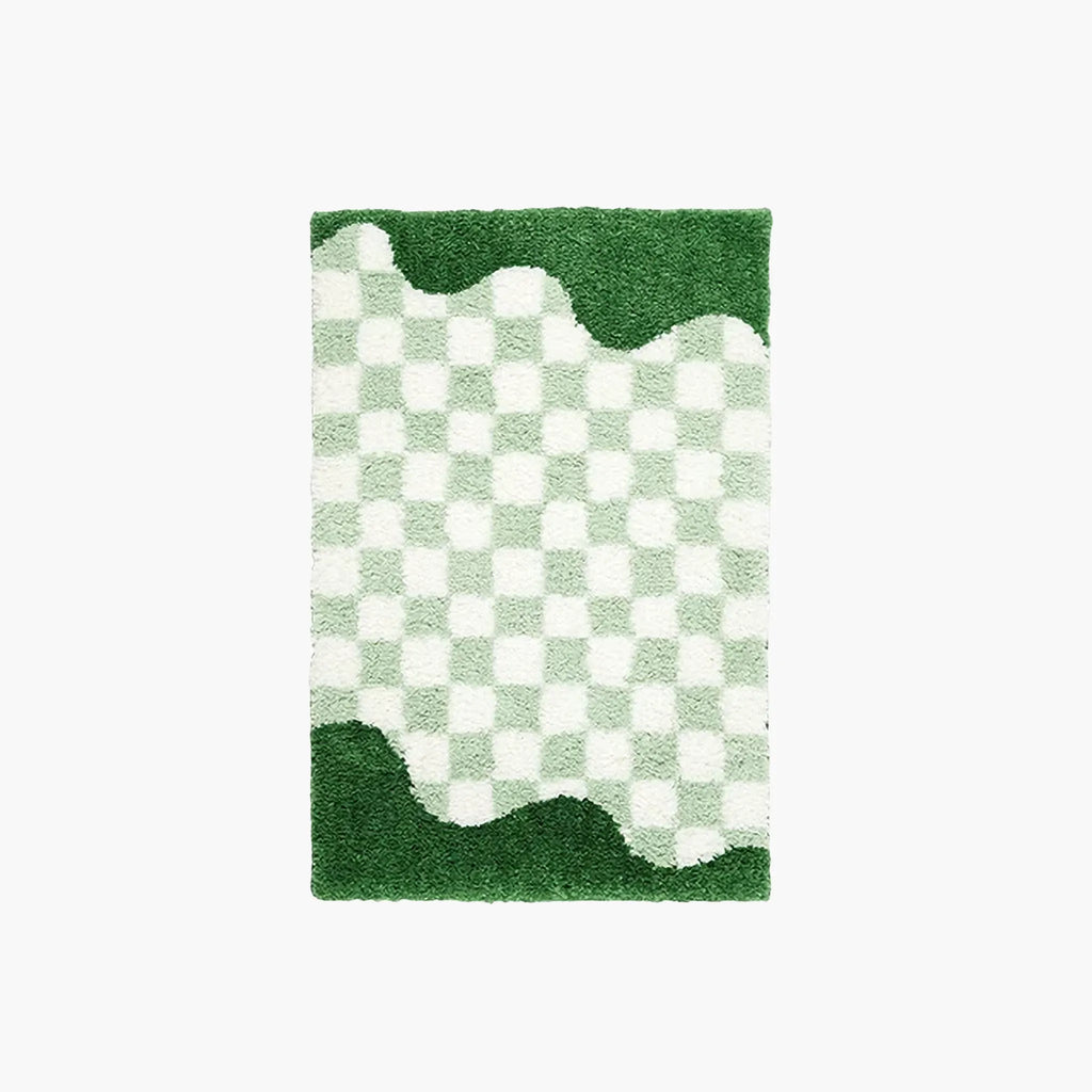 Tess Pastel Green Retro Checkered Moss Green Wavy Edge Tufted Rug by Housenfriends on a plain white background.