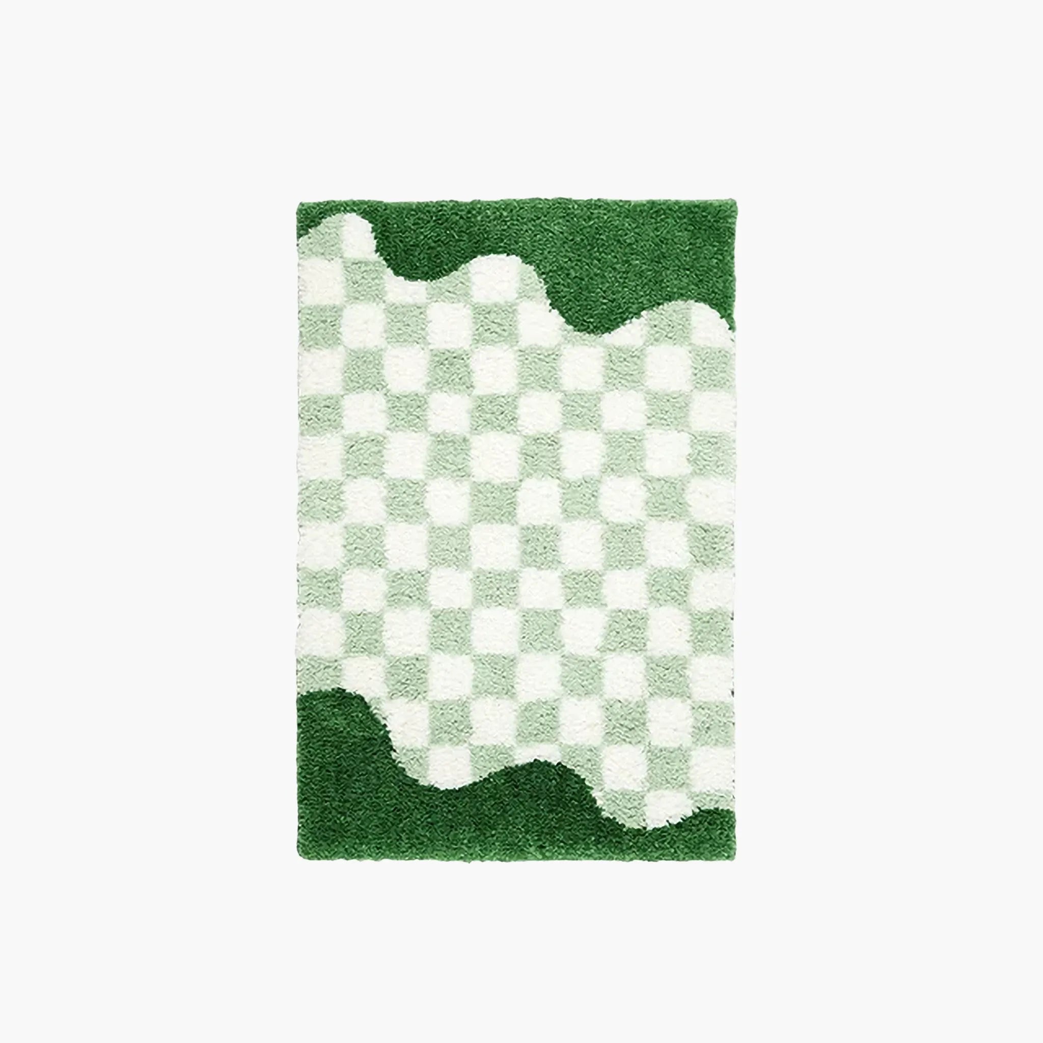 Tess Pastel Green Retro Checkered Moss Green Wavy Edge Tufted Rug by Housenfriends on a plain white background.