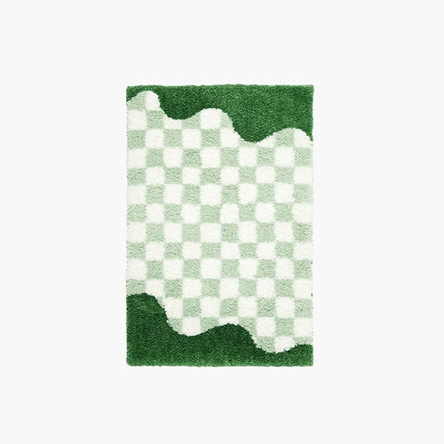 Tess Pastel Green Retro Checkered Moss Green Wavy Edge Tufted Rug by Housenfriends on a plain white background.