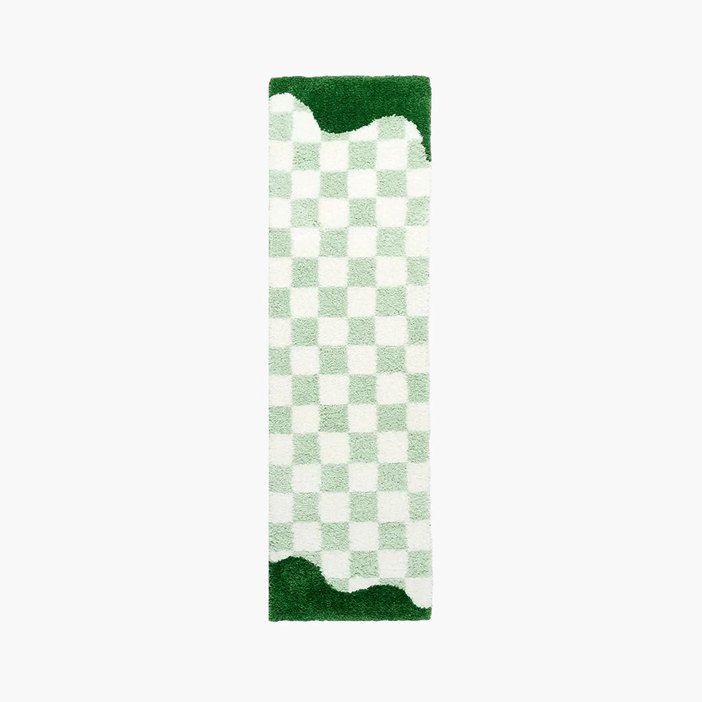 Tess Pastel Green Retro Checkered Moss Green Wavy Edge Tufted Runner Rug by Housenfriends on a plain white background.