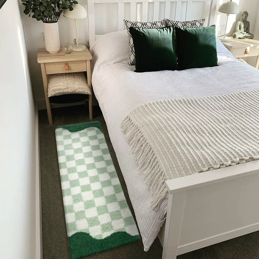 Tess Pastel Green Retro Checkered Moss Green Wavy Edge Tufted Rug