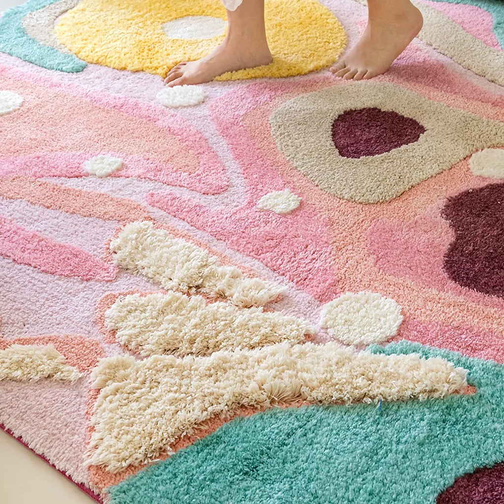 Bare feet on Willa pastel high pile rug with 3D raised cream details, yellow centre and soft tufted surface