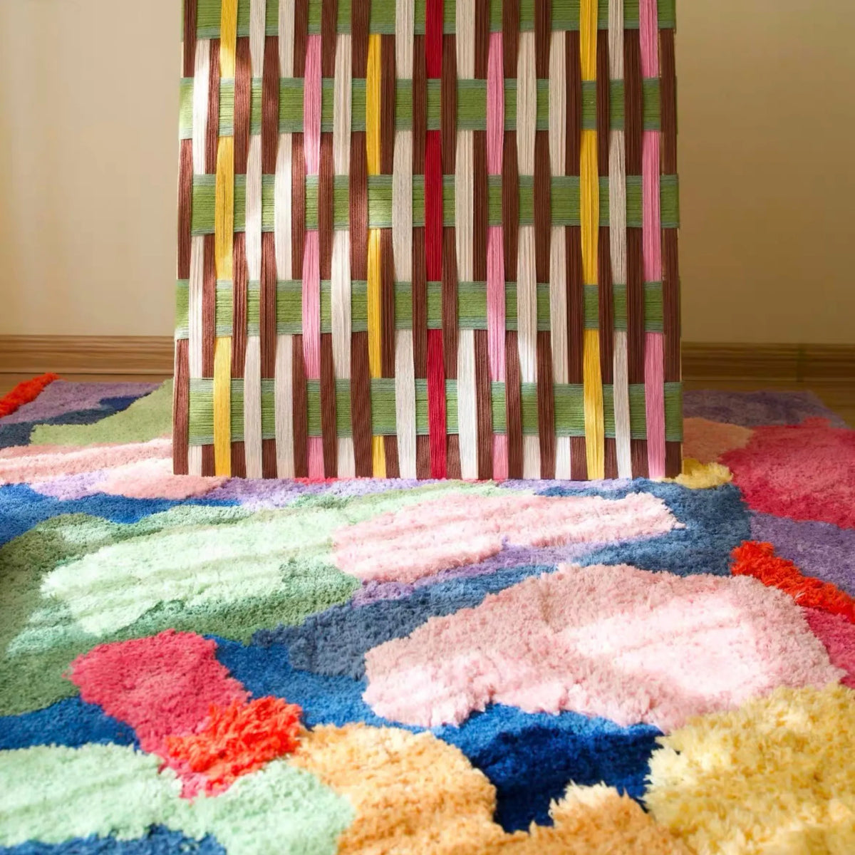 Housenfriends Freya multicoloured abstract floral rug in sunlight, showing its shaggy pile and raised texture.