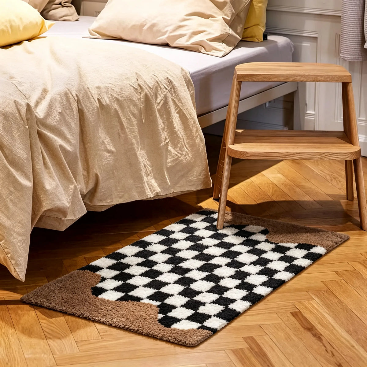 Housenfriends Tess black and white checkered rug with brown waves in a warm Scandinavian-style bedroom.