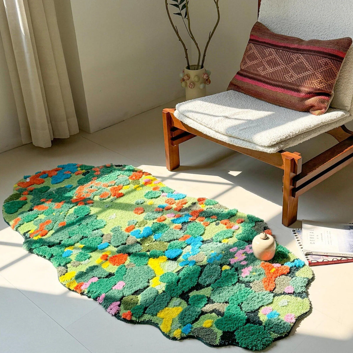 Housenfriends Merryn green moss garden irregular rug beside a wooden lounge chair, with sunlight highlighting its raised green pile and colourful floral details.